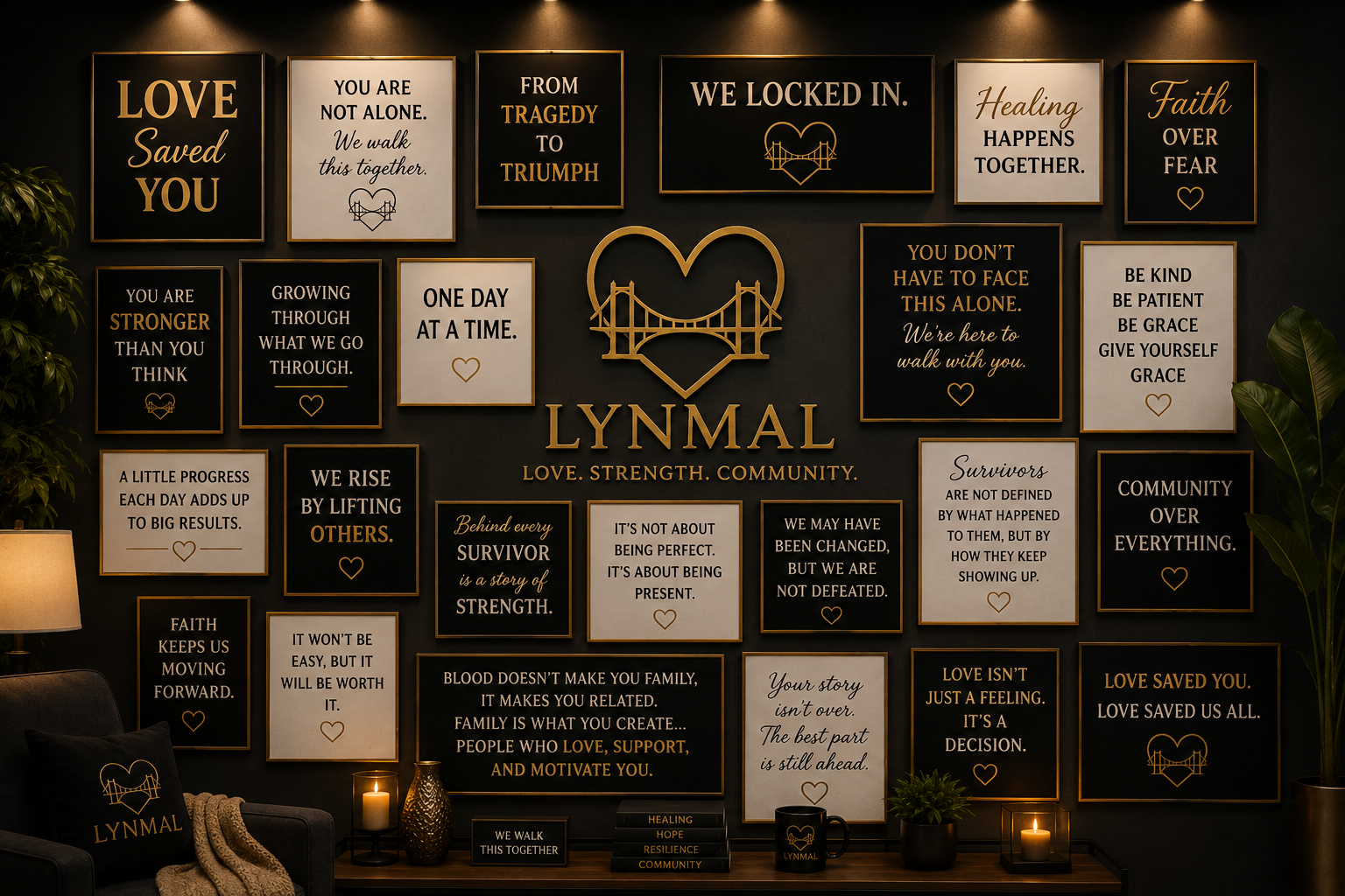 Lynmal gallery wall — inspirational sayings in black, ivory, and champagne gold
